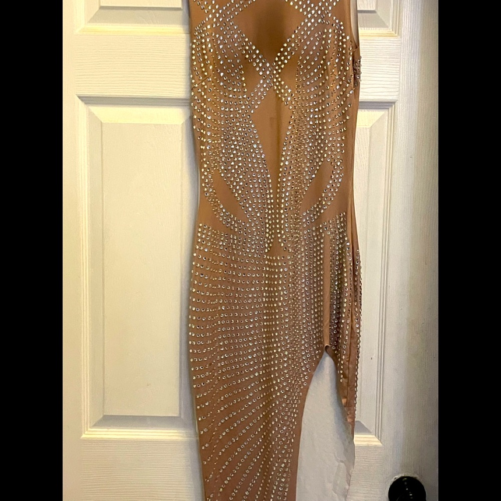 Rich taupe and Rhinestones in body tight dress